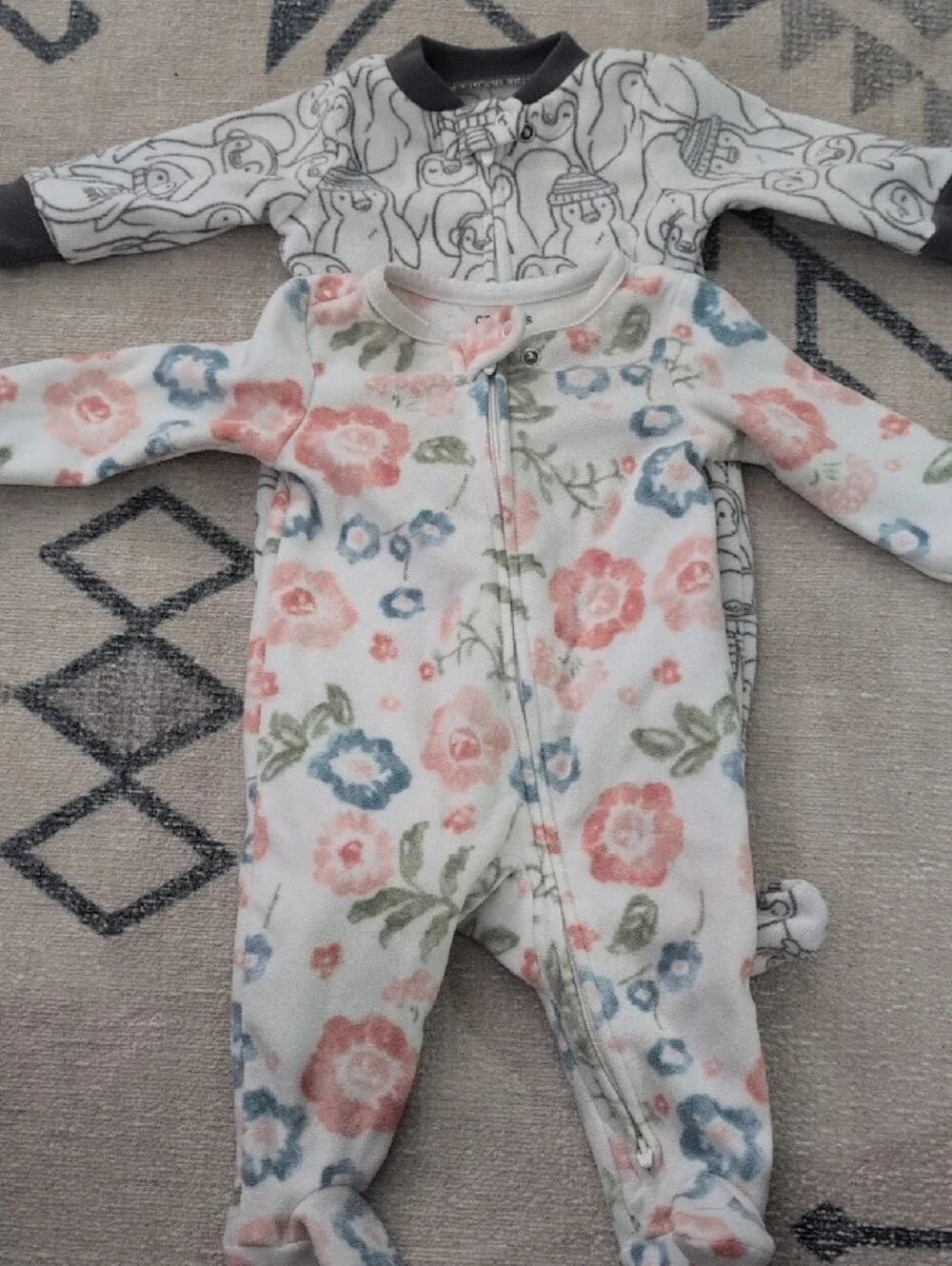 Lot Of 2 Carter's Fleece Zip Footie Set - Penguin & Floral Size 0-3 Month